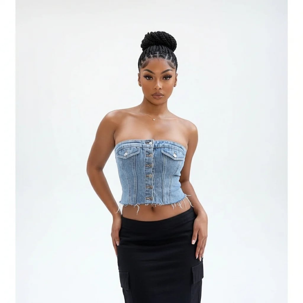 Light Blue Denim Strapless Top With Black Skirt Light Blue Denim Strapless Top With Black Skirt — Tube Crop Top Outfits 2027