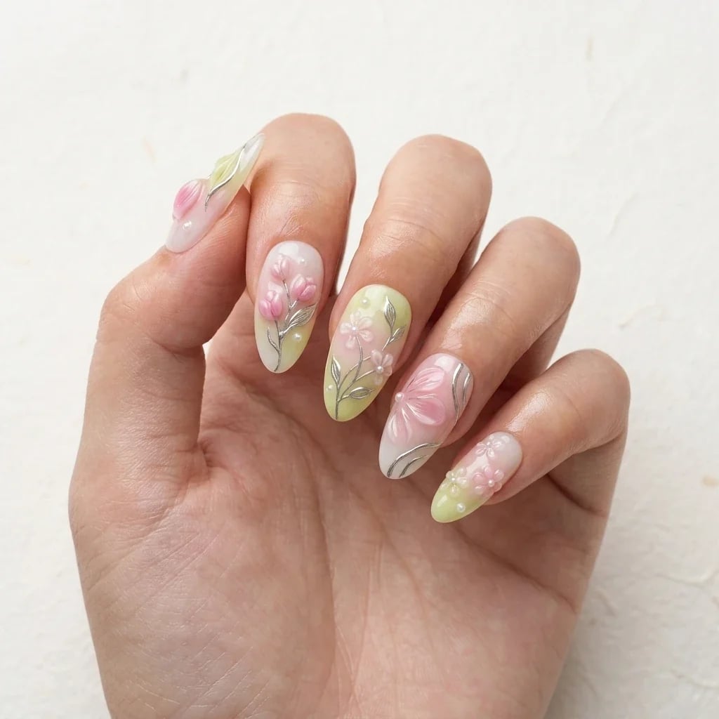 Pastel 3D Pink Flower Almond Nails Pastel 3D Pink Flower Almond Nails — Tulip Flower Nails 2027