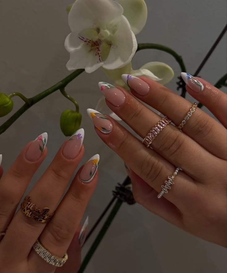 Long Stiletto Floral Line Art French Nails Long Stiletto Floral Line Art French Nails — Tulip Flower Nails 2027