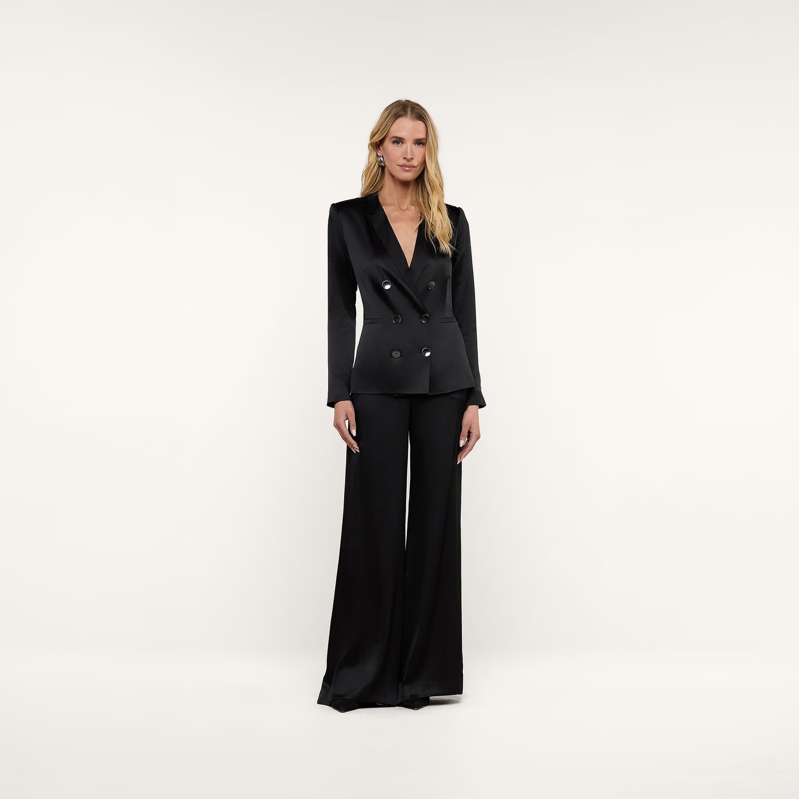 Black Satin Double Breasted Tuxedo Blazer With Wide Leg Trousers Black Satin Double Breasted Tuxedo Blazer With Wide Leg Trousers — Tuxedo Blazer Outfits 2027
