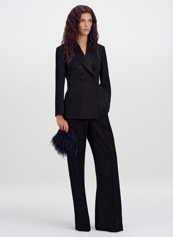 Black Double Breasted Blazer With Satin Lapels And Tube Top Black Double Breasted Blazer With Satin Lapels And Tube Top — Tuxedo Blazer Outfits 2027