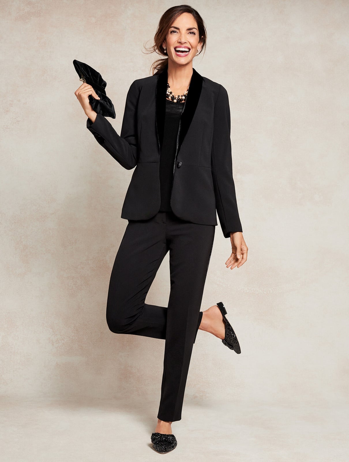 Black Blazer With Velvet Trim And Sequined Flats Black Blazer With Velvet Trim And Sequined Flats — Tuxedo Blazer Outfits 2027