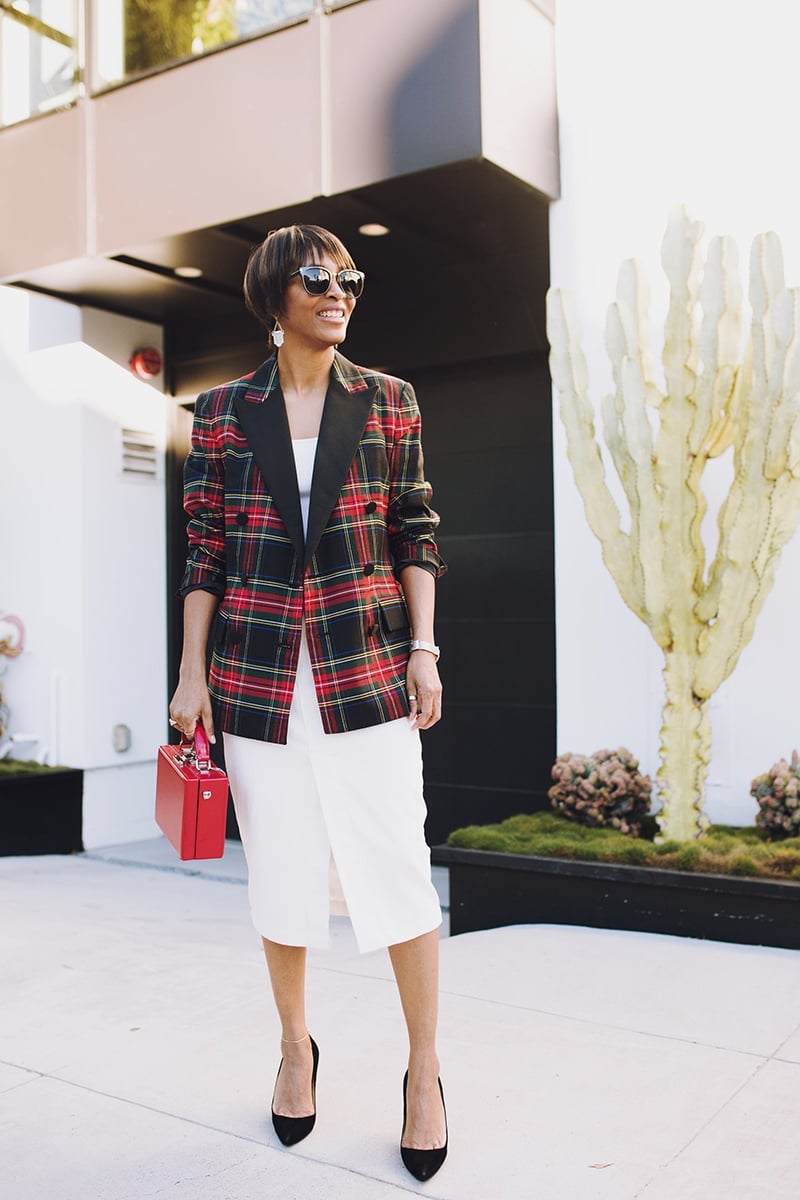 Red Green Black Tartan Tuxedo Blazer With White Skirt Red Green Black Tartan Tuxedo Blazer With White Skirt — Tuxedo Blazer Outfits 2027