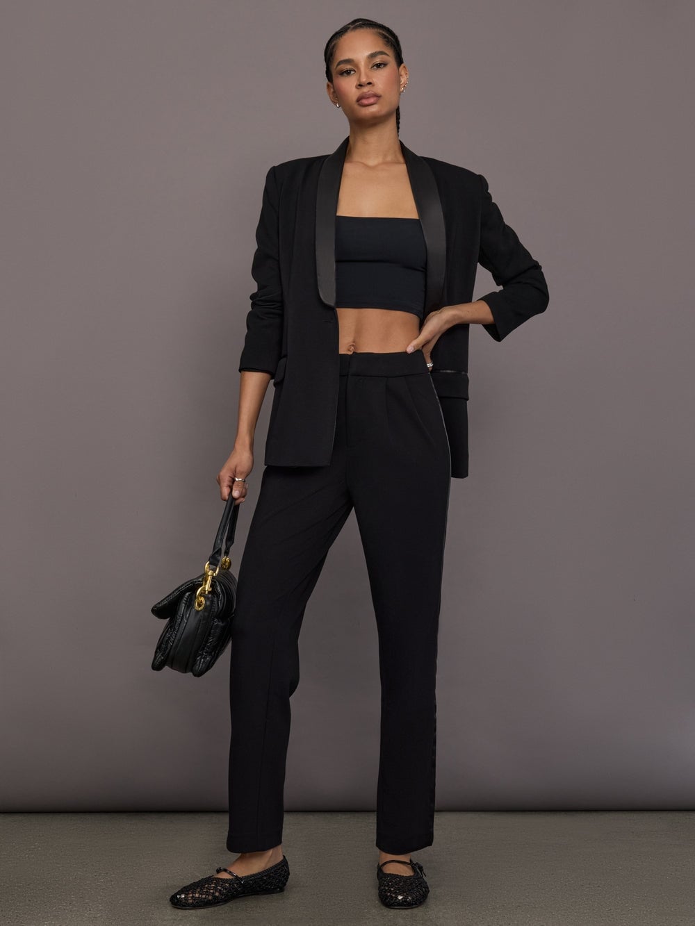 Black Blazer With Satin Lapels And Bandeau Top Black Blazer With Satin Lapels And Bandeau Top — Tuxedo Blazer Outfits 2027