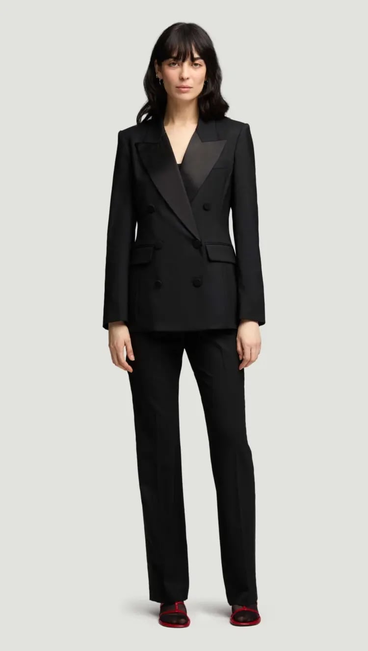 Fitted Black Double Breasted Tuxedo Blazer With Camisole Fitted Black Double Breasted Tuxedo Blazer With Camisole — Tuxedo Blazer Outfits 2027