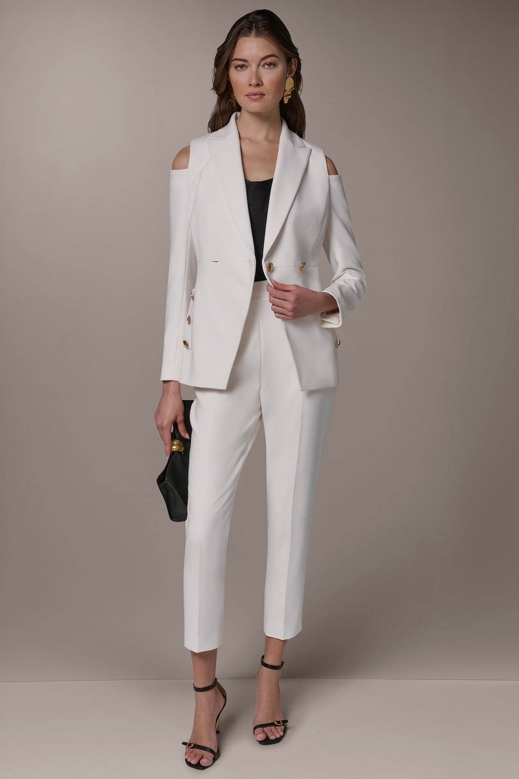 Ivory Cold Shoulder Tuxedo Blazer With Gold Buttons Ivory Cold Shoulder Tuxedo Blazer With Gold Buttons — Tuxedo Blazer Outfits 2027