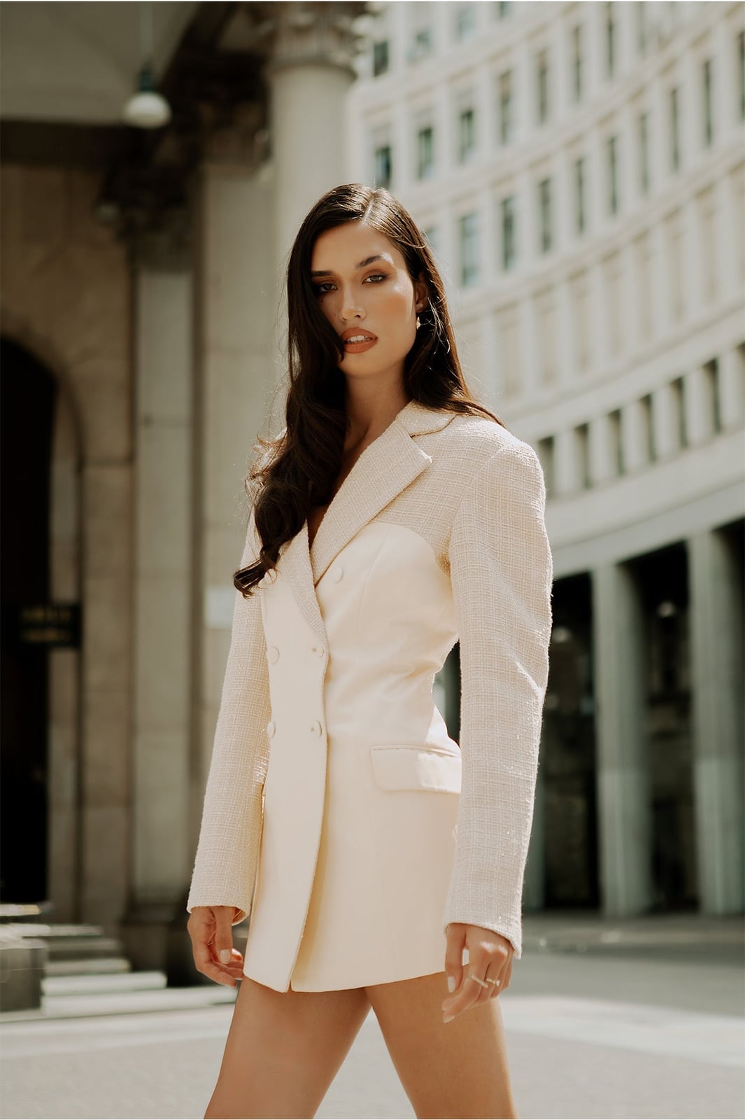 Cream Tuxedo Blazer Dress With Tweed Sleeves Cream Tuxedo Blazer Dress With Tweed Sleeves — Tuxedo Blazer Outfits 2027