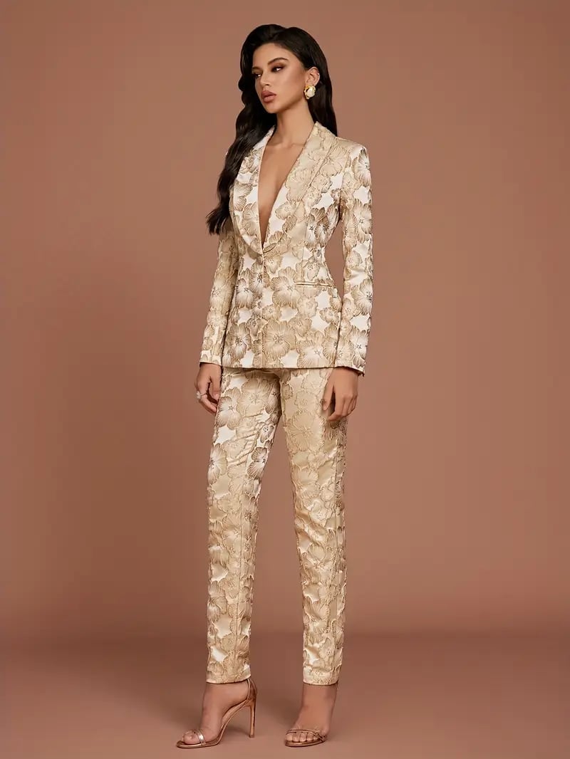 Gold Brocade Tuxedo Suit With Deep V Neckline Gold Brocade Tuxedo Suit With Deep V Neckline — Tuxedo Blazer Outfits 2027