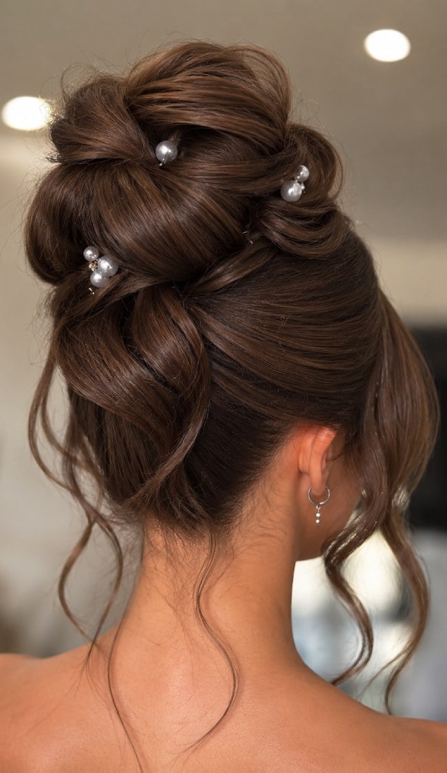 High Dark Brown Twisted Bun With Pearl Embellishments High Dark Brown Twisted Bun With Pearl Embellishments — Twisted Bun Hairstyles 2027