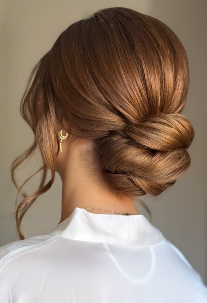 Dark Brown Low Twisted Bun With Face-Framing Pieces Dark Brown Low Twisted Bun With Face-Framing Pieces — Twisted Bun Hairstyles 2027