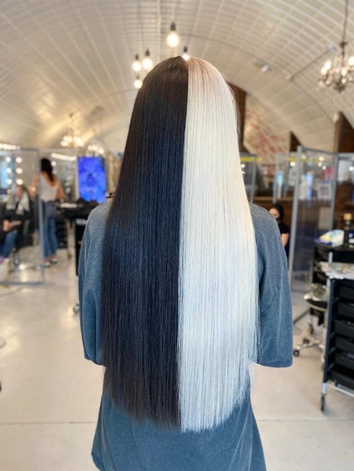 Mid-Back Straight Hair Black And Platinum Split Mid-Back Straight Hair Black And Platinum Split — Two Tone Hair 2027