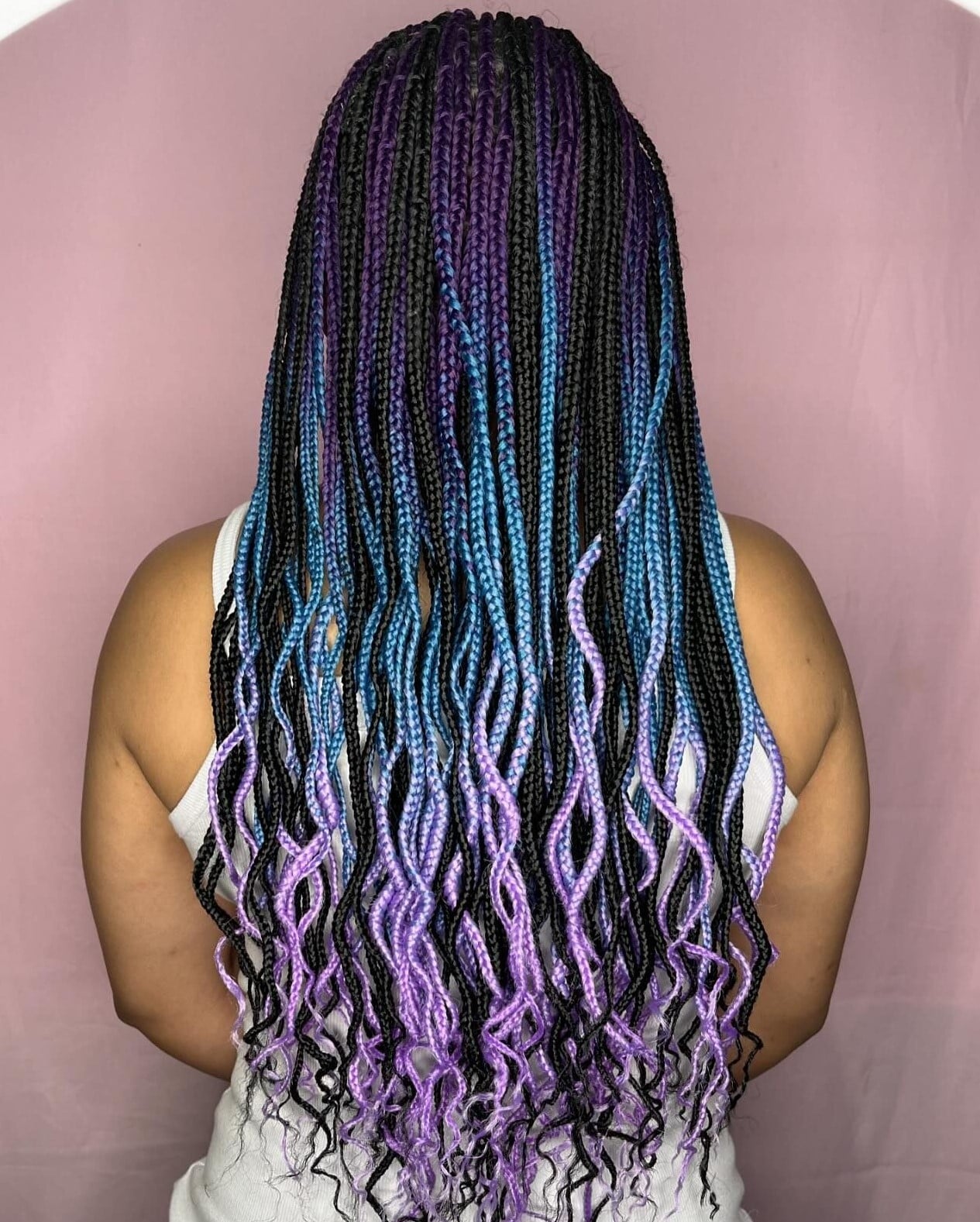 Mid-Back Box Braids Black To Purple Blue Gradient With Loose Ends Mid-Back Box Braids Black To Purple Blue Gradient With Loose Ends — Two Tone Knotless Braids 2027