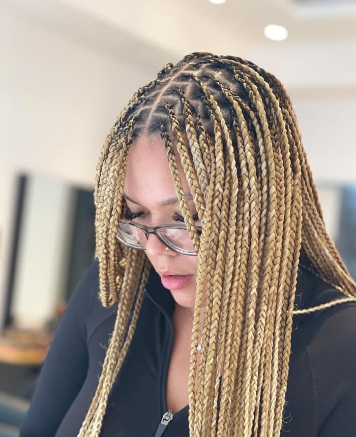Collarbone Length Box Braids Blonde With Lighter Highlights Collarbone Length Box Braids Blonde With Lighter Highlights — Two Tone Knotless Braids 2027