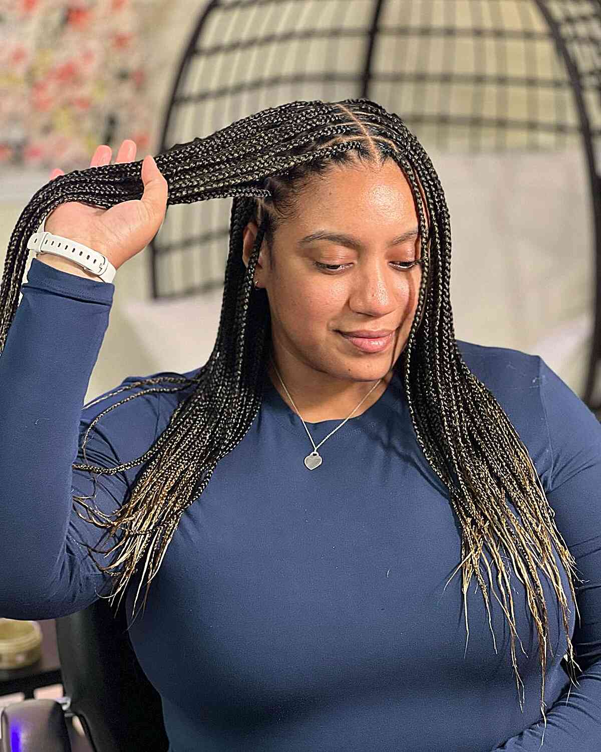 Mid-Back Box Braids Ombre Black To Blonde With Loose, Everyday Version Mid-Back Box Braids Ombre Black To Blonde With Loose, Everyday Version — Two Tone Knotless Braids 2027