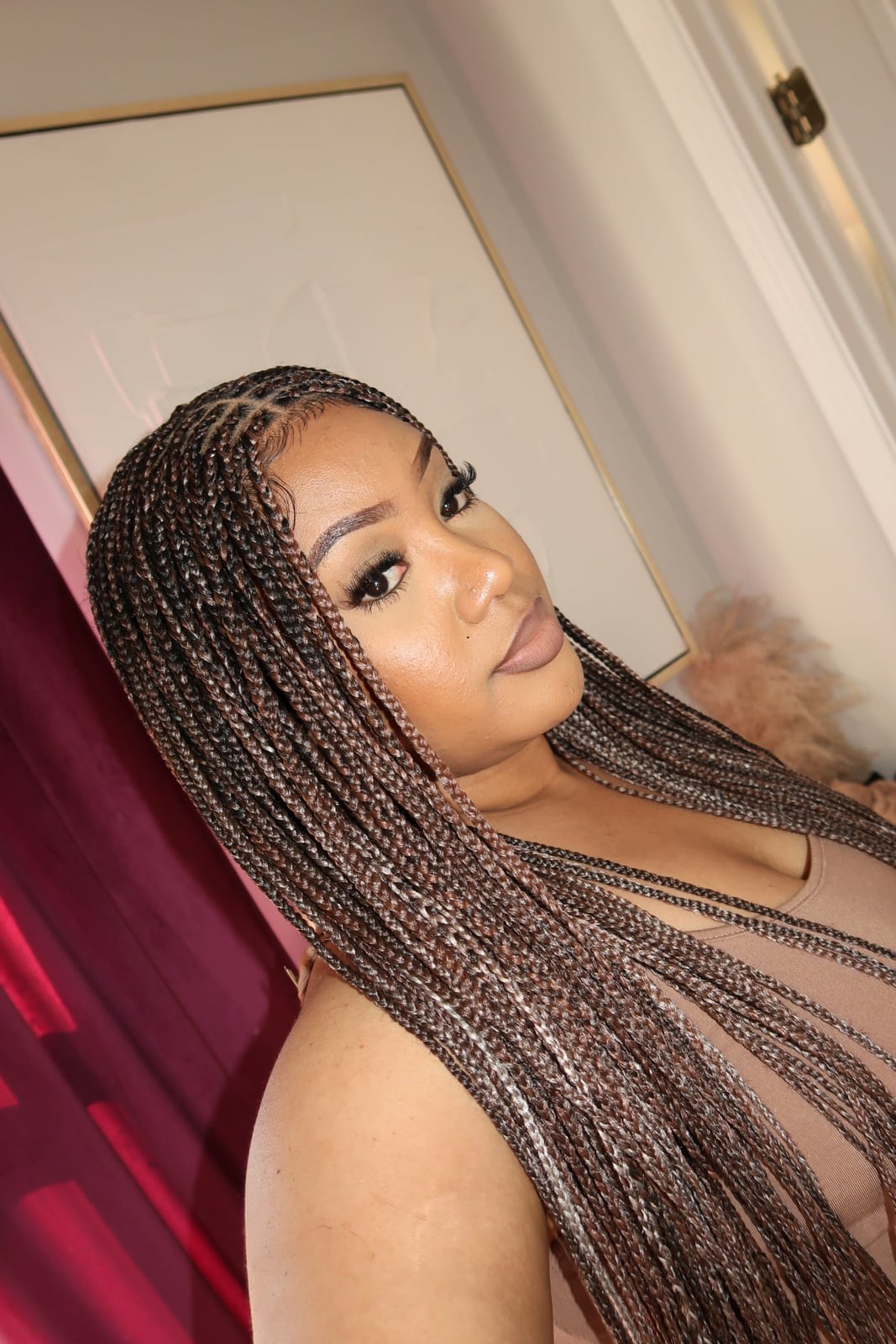 Mid-Back Medium Density Box Braids Brown And Blonde Highlights, Middle Mid-Back Medium Density Box Braids Brown And Blonde Highlights, Middle — Two Tone Knotless Braids 2027