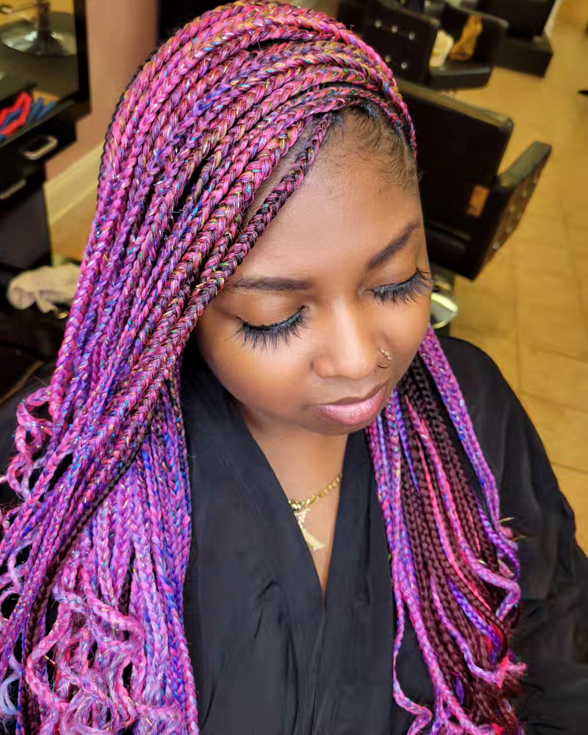 Mid-Back Box Braids Pink Purple Blue With Curly Ends Mid-Back Box Braids Pink Purple Blue With Curly Ends — Two Tone Knotless Braids 2027