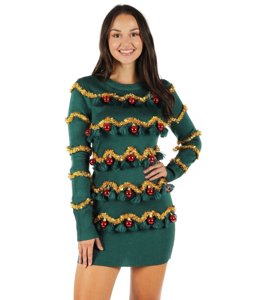 Green Christmas Tree Sweater Dress with Tinsel and Ornaments — Ugly Sweater Party Outfits 2026