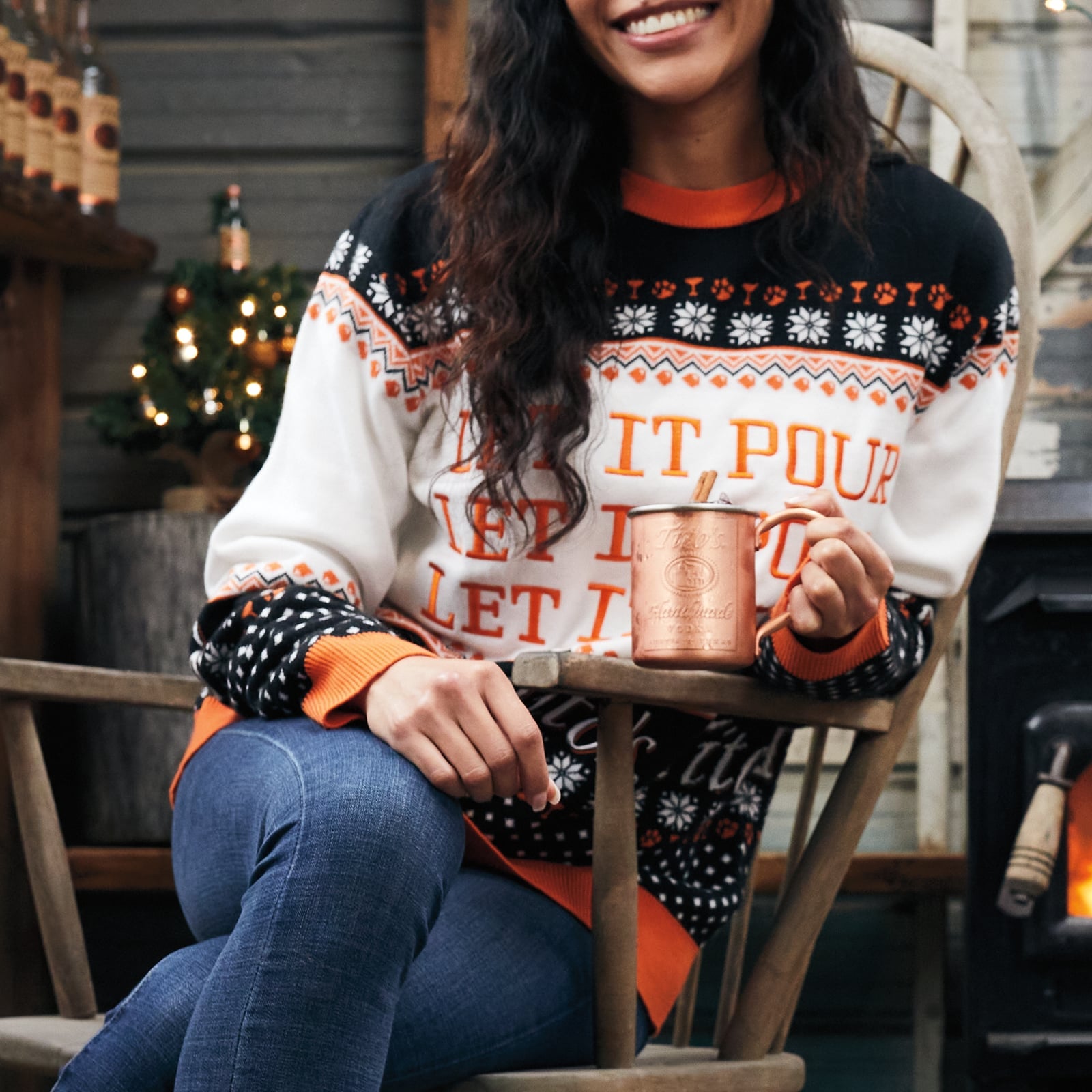 Fair Isle Sweater with 'Let it Pour' Text — Ugly Sweater Party Outfits 2026