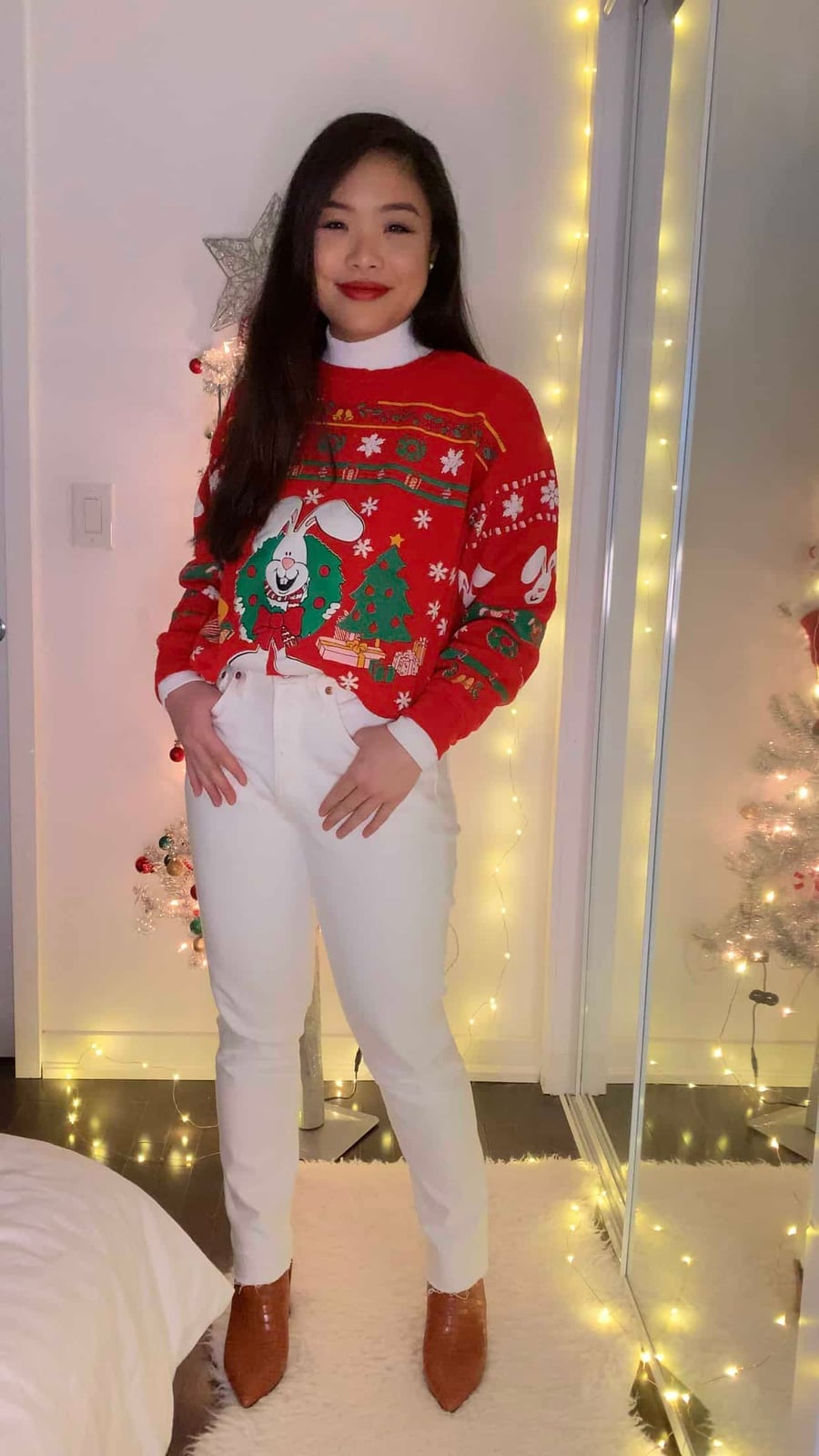 Red Snoopy Christmas Sweater Over a Turtleneck — Ugly Sweater Party Outfits 2026