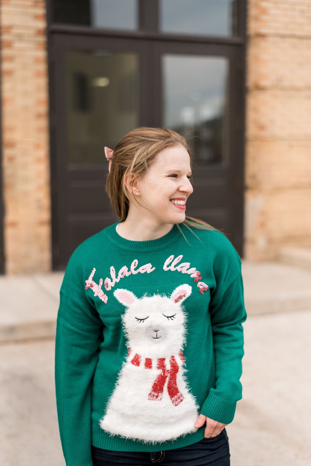 Green Llama Sweater with Sequin Accents and 'Falala Llama' Text — Ugly Sweater Party Outfits 2026