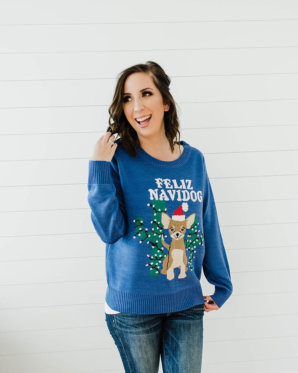 Blue 'Feliz Navidog' Chihuahua Sweater — Ugly Sweater Party Outfits 2026