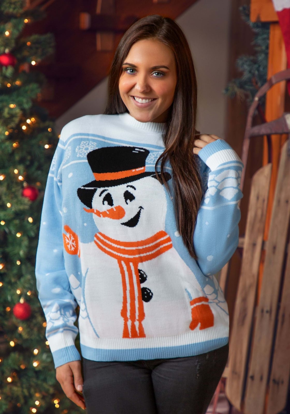 Light Blue Snowman Graphic Sweater — Ugly Sweater Party Outfits 2026