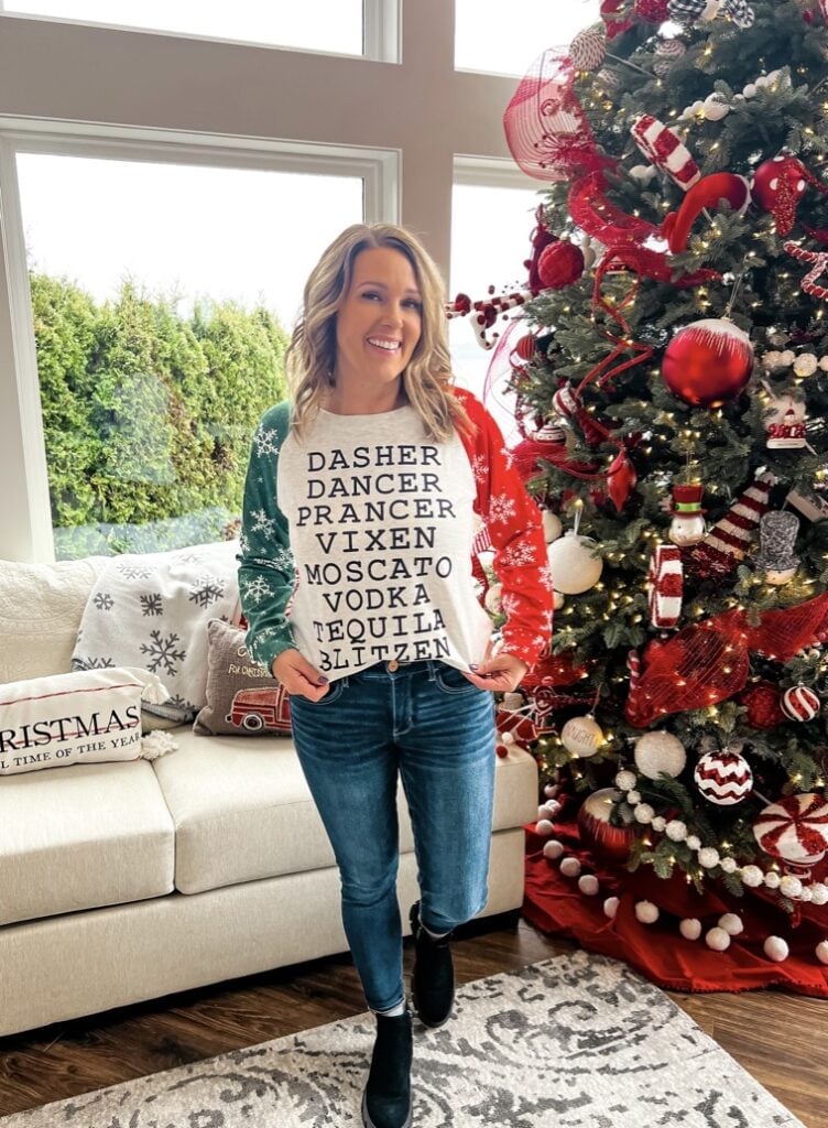 Cream Text Print Sweater with Contrasting Sleeves — Ugly Sweater Party Outfits 2026