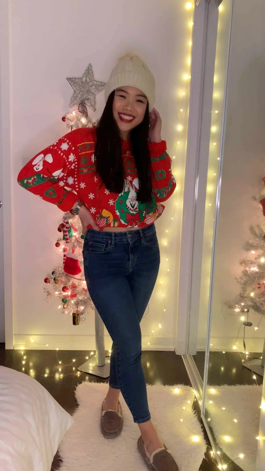 Cropped Red Graphic Sweater with Beanie, Office-Safe Version — Ugly Sweater Party Outfits 2026