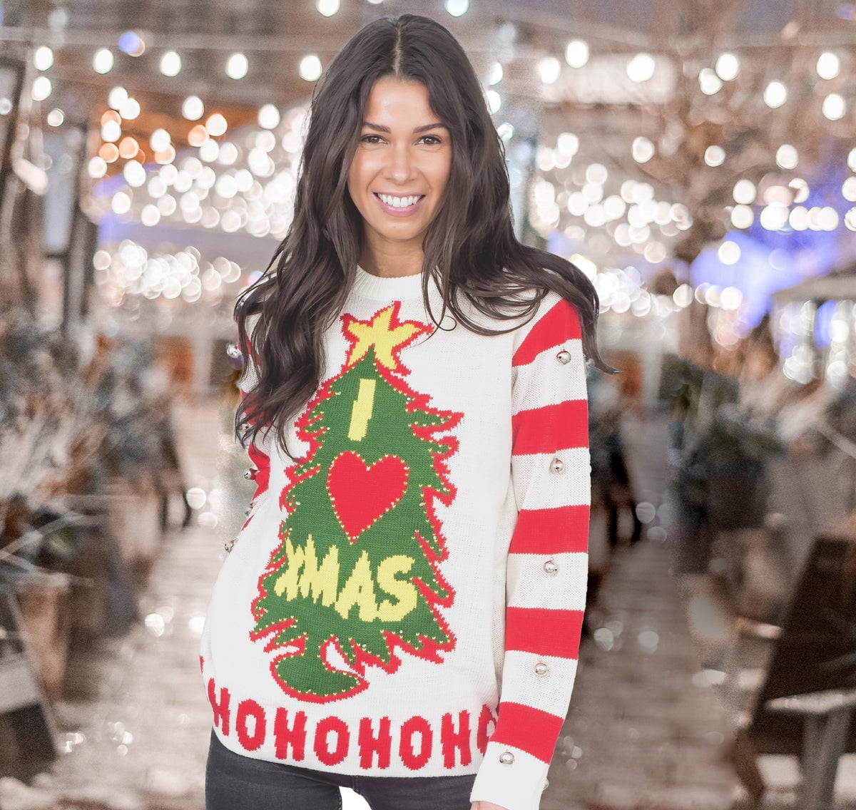 Cream Christmas Tree Sweater with Striped Sleeves, Office-Safe Version — Ugly Sweater Party Outfits 2026