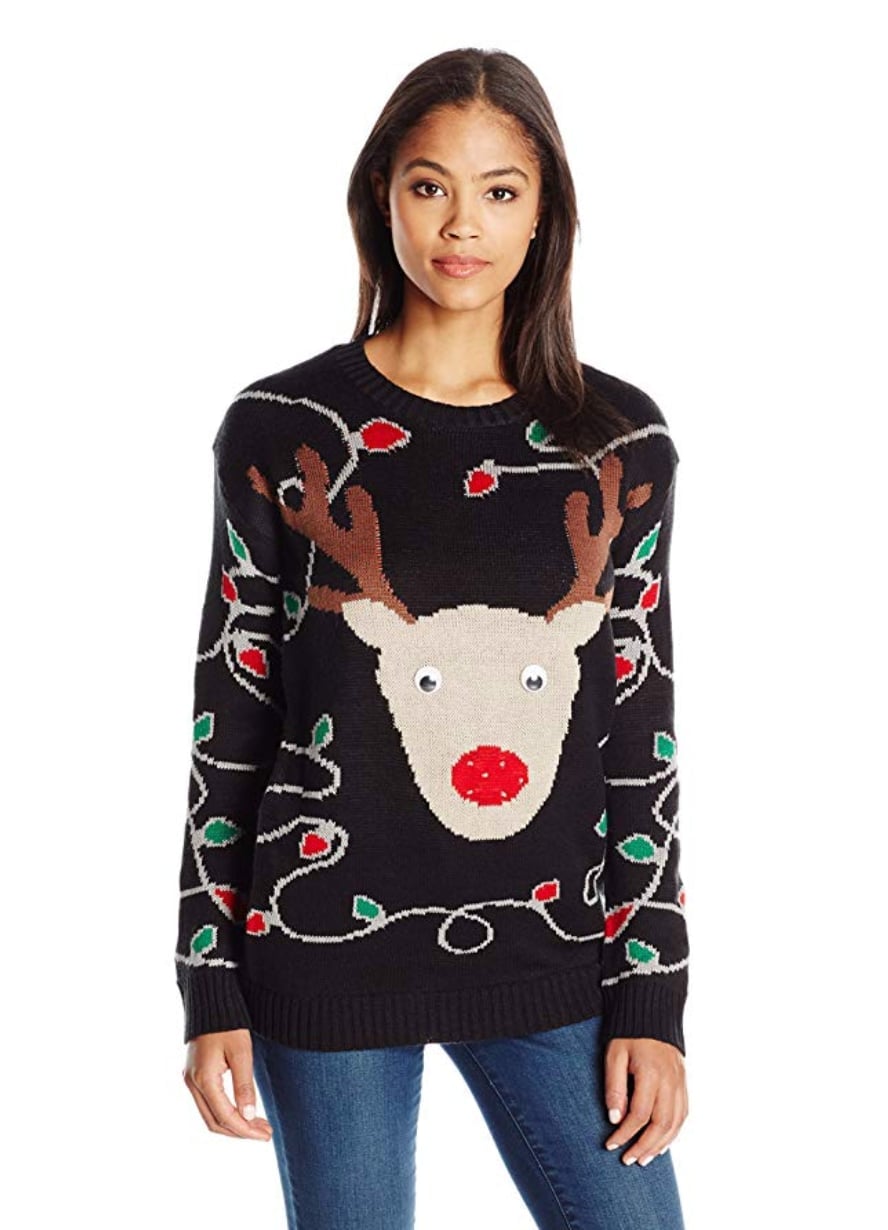 Black Reindeer Face Sweater with Blinking Lights, Close-Up Take — Ugly Sweater Party Outfits 2026