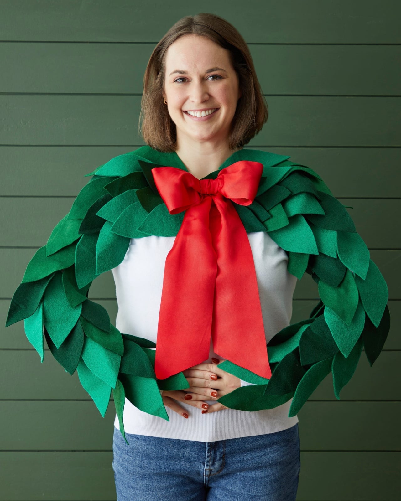 Creative Wreath Shoulder Piece Over a T-Shirt — Ugly Sweater Party Outfits 2026