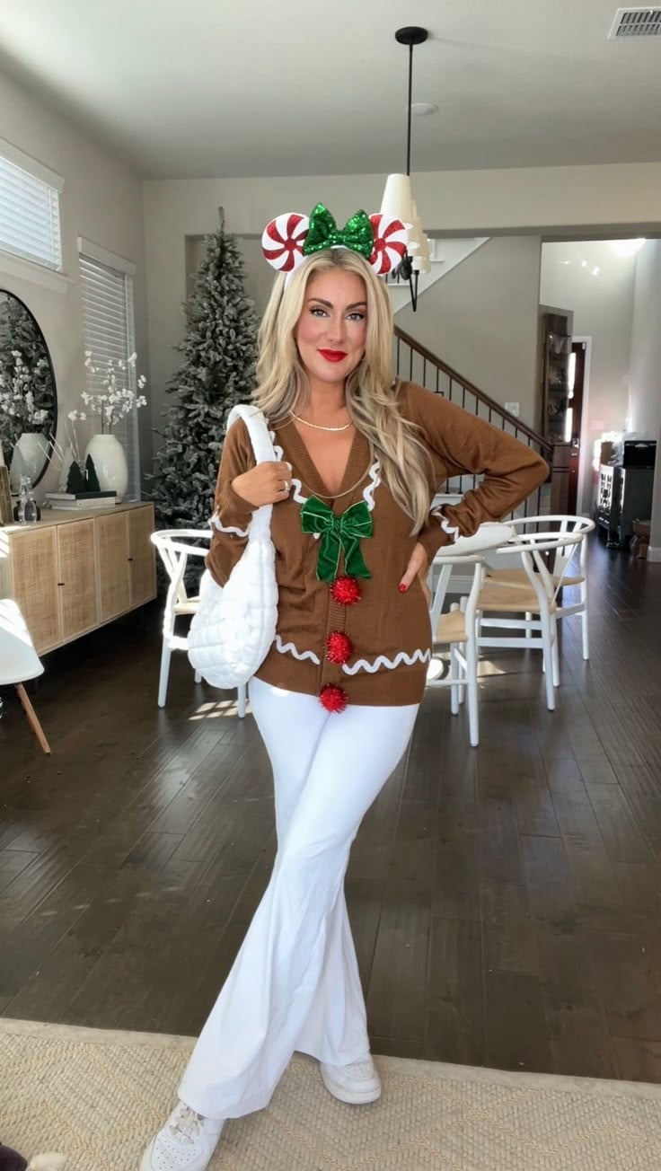 Gingerbread Man Cardigan with Flared Pants and Mickey Ears — Ugly Sweater Party Outfits 2026