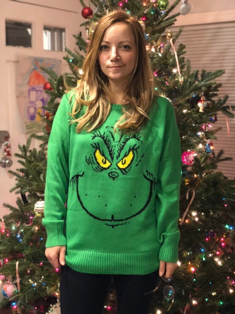 Bright Green Grinch Face Sweater — Ugly Sweater Party Outfits 2026