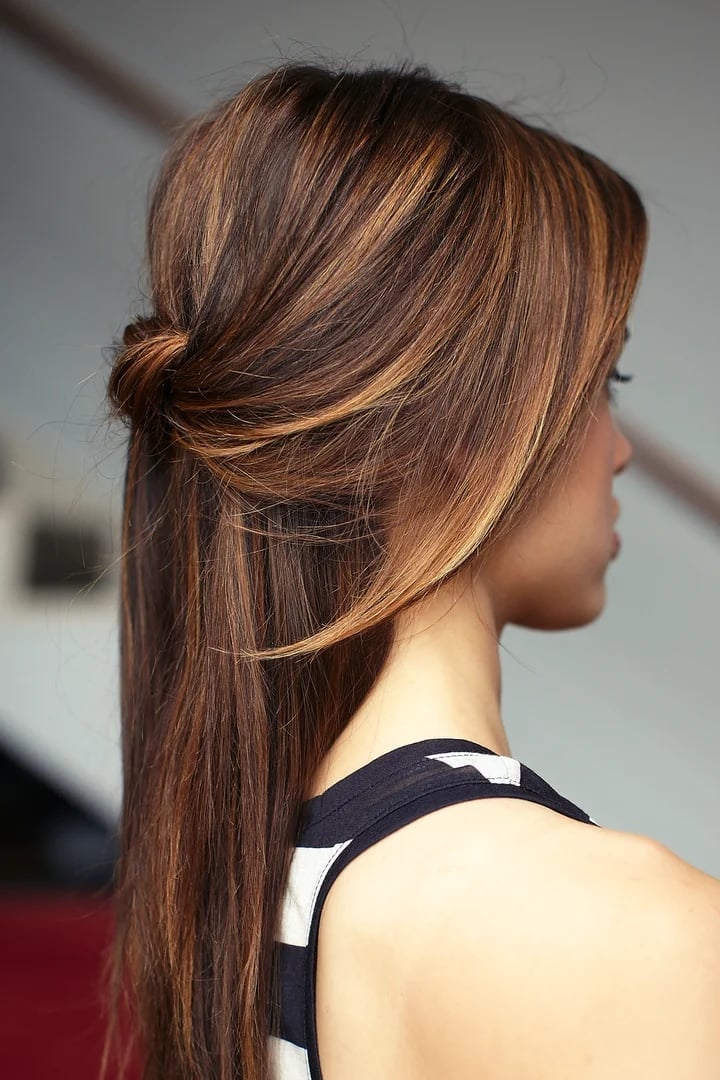 Mid-Back Brown Half-Up Knot With Blonde Highlights — Undone Hairstyles 2027