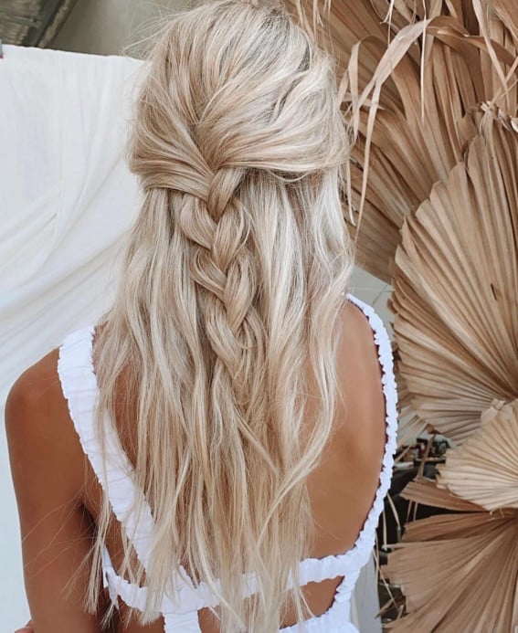 Mid-Back Ash Blonde Half-Up With French Braid, Wavy — Undone Hairstyles 2027