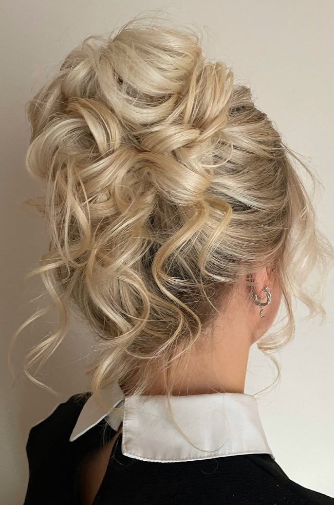 Shoulder Length Curly Ash Blonde Messy Updo — Undone Hairstyles 2027