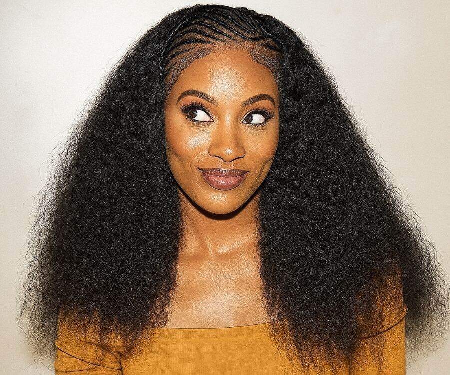 Long Black Curly Extensions With Braided Accents Long Black Curly Extensions With Braided Accents — Vacation Hairstyles 2027 with Weave
