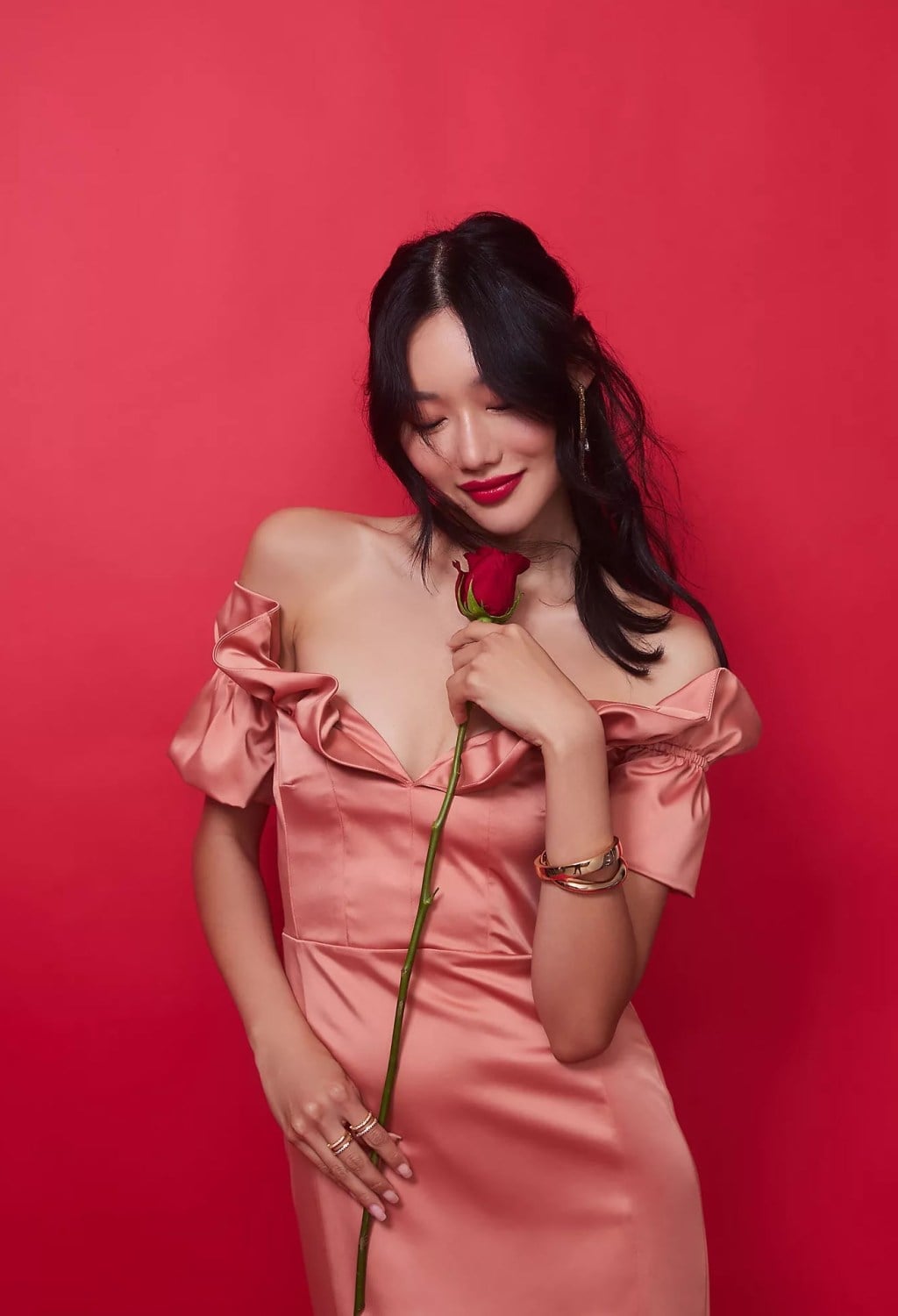 Pale Pink Ruffled Off-the-Shoulder Dress, Holding A Red Rose Pale Pink Ruffled Off-the-Shoulder Dress, Holding A Red Rose — Valentines Dinner Outfits 2027