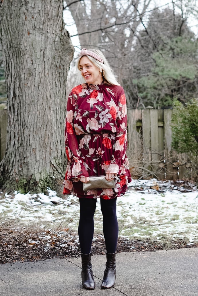 Burgundy Floral Mini Dress with Tights Burgundy Floral Mini Dress with Tights — Valentines Dinner Outfits 2027