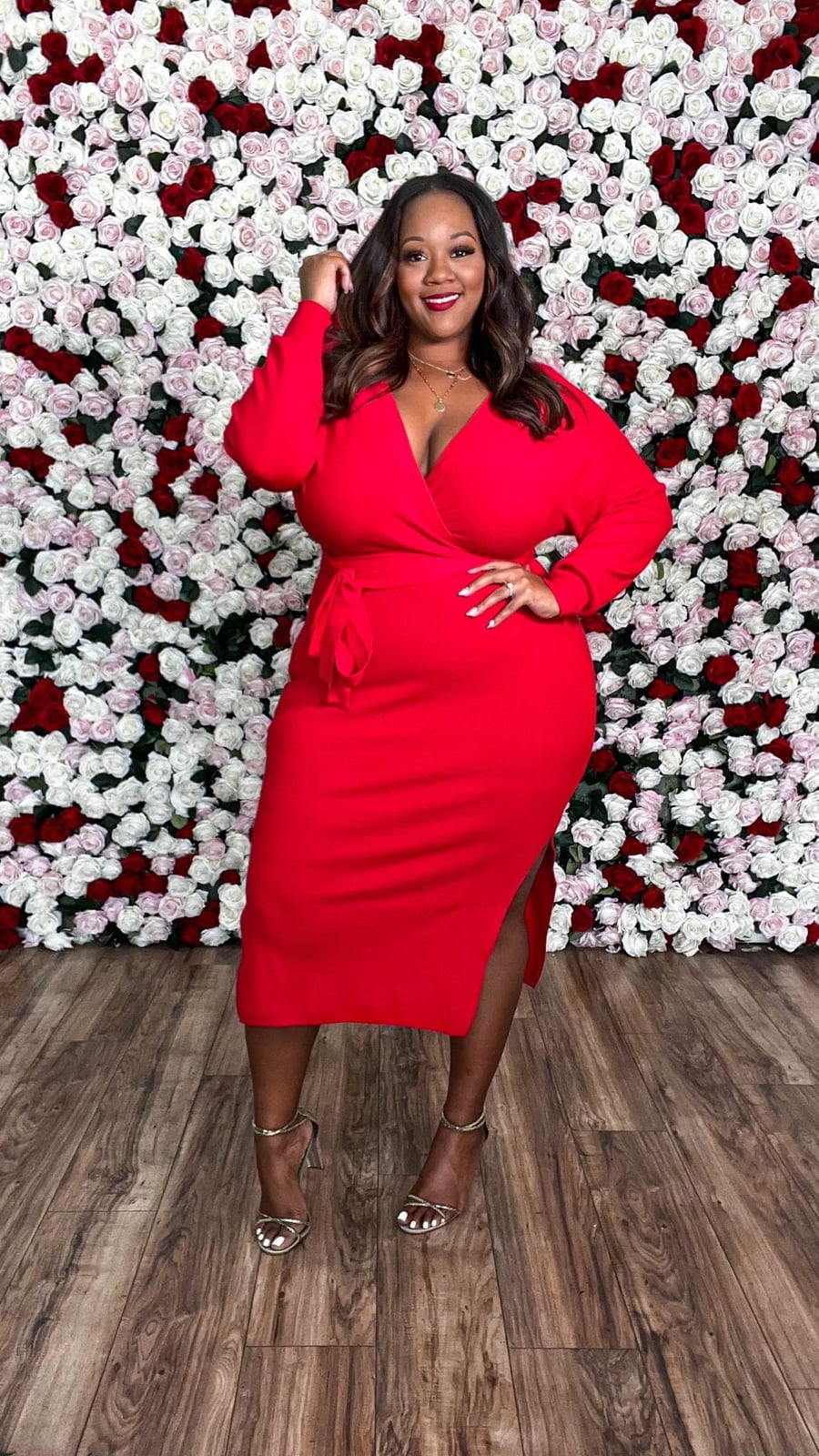Red Knit Wrap Dress with Gold Accessories Red Knit Wrap Dress with Gold Accessories — Valentines Dinner Outfits 2027