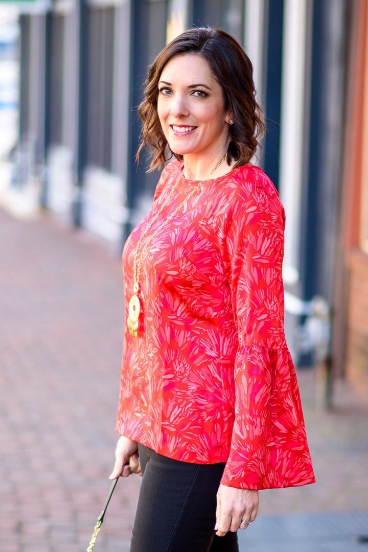 Red and Pink Floral Bell Sleeve Top Red and Pink Floral Bell Sleeve Top — Valentines Dinner Outfits 2027