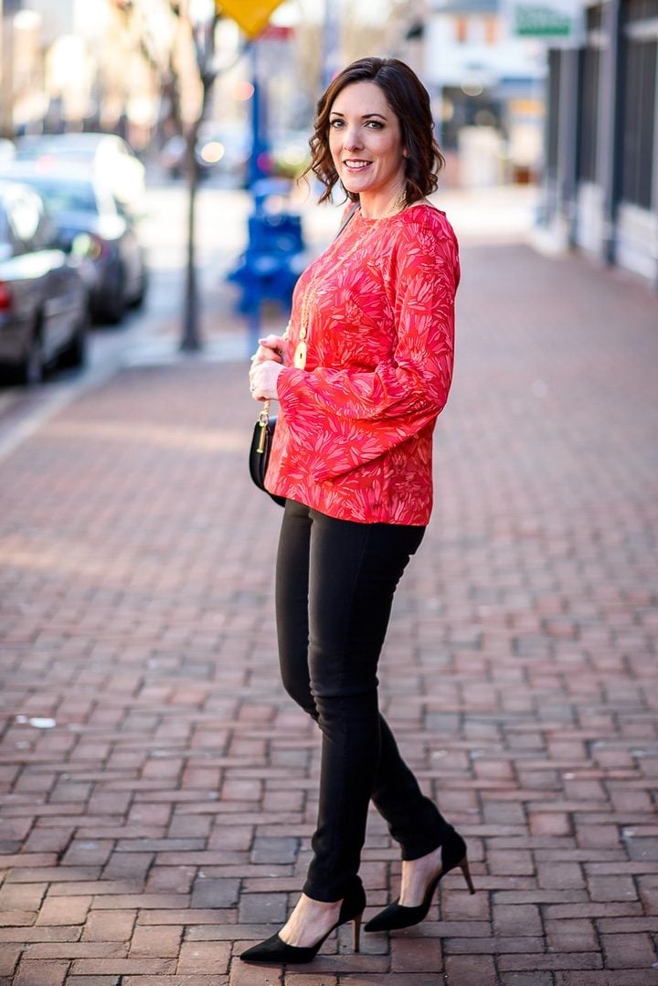 Red Floral Blouse with Black Skinny Pants Red Floral Blouse with Black Skinny Pants — Valentines Dinner Outfits 2027