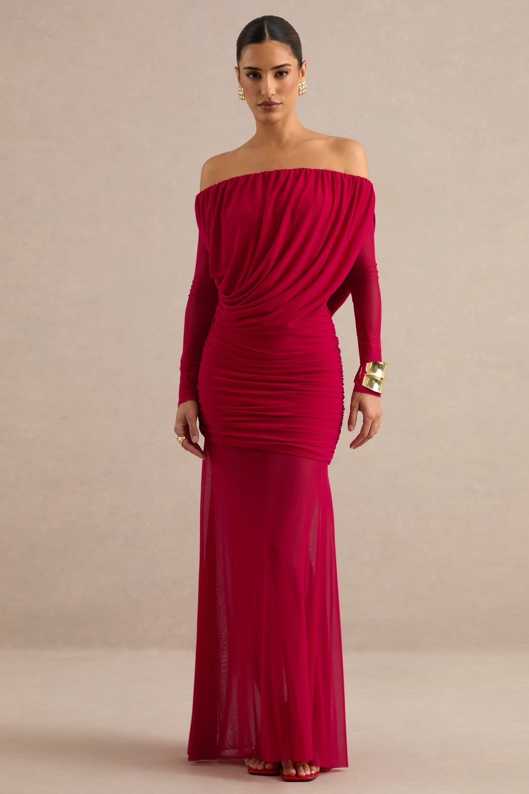 Deep Red Off-the-Shoulder Dress with Sheer Skirt Deep Red Off-the-Shoulder Dress with Sheer Skirt — Valentines Dinner Outfits 2027
