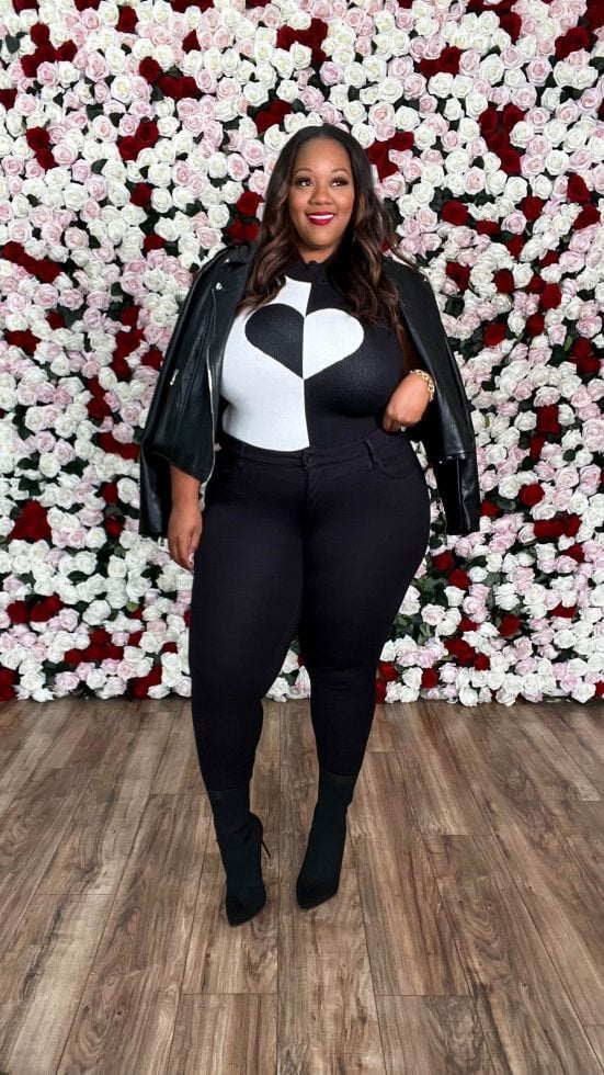 Heart Graphic Top with Leather Jacket, Black Ankle Boots Heart Graphic Top with Leather Jacket, Black Ankle Boots — Valentines Dinner Outfits 2027