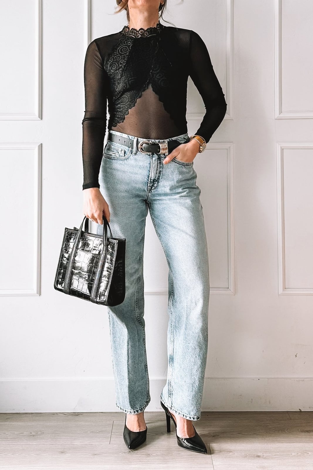 Sheer Lace Top with Straight Leg Jeans, Black Pointed-Toe Heels Sheer Lace Top with Straight Leg Jeans, Black Pointed-Toe Heels — Valentines Dinner Outfits 2027