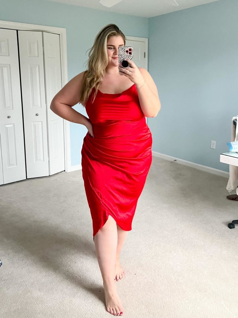 Bright Red Satin Cowl Neck Midi Dress Bright Red Satin Cowl Neck Midi Dress — Valentines Dinner Outfits 2027