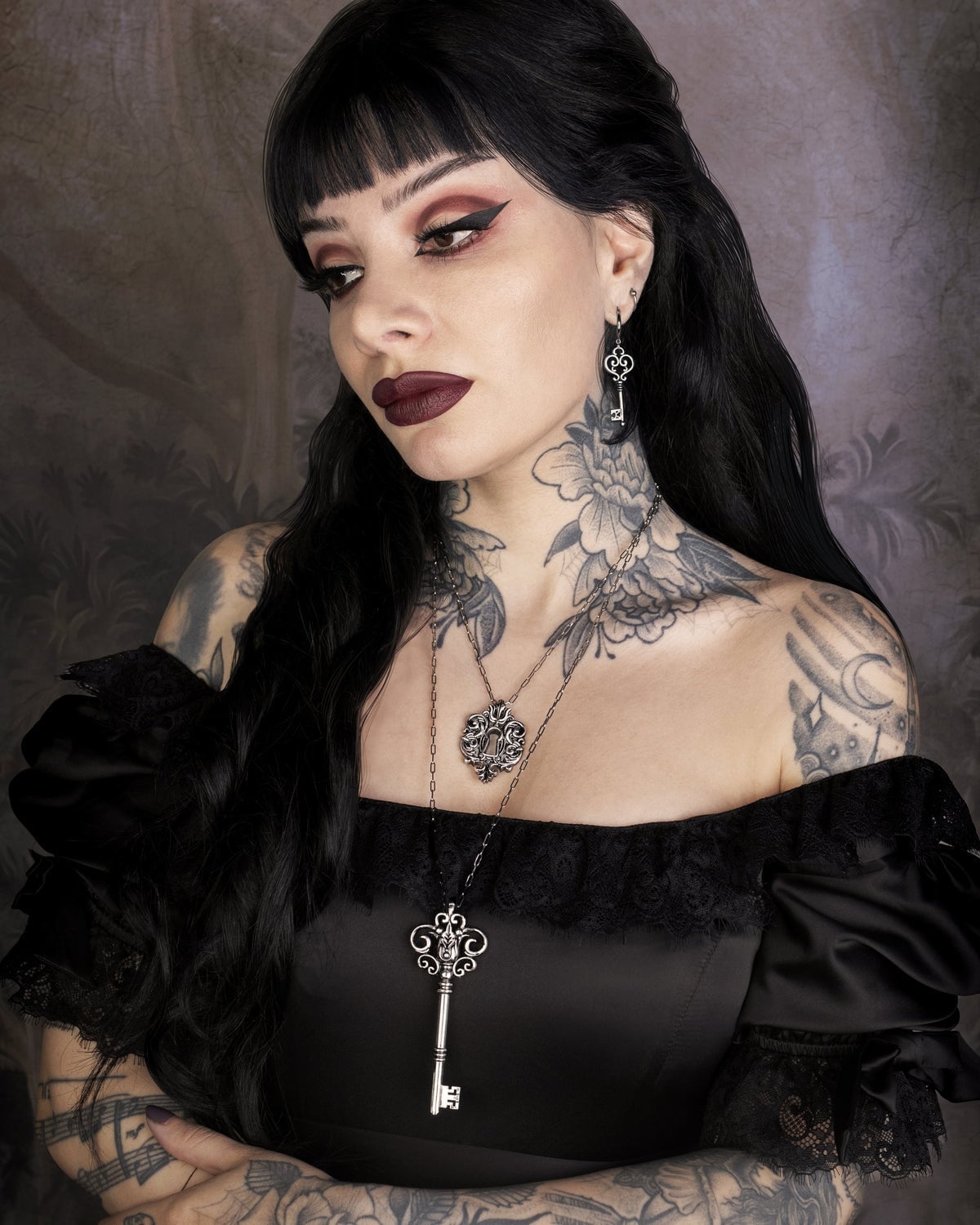 Black Satin Off-Shoulder Dress with Lace, Key Pendant Necklace Black Satin Off-Shoulder Dress with Lace, Key Pendant Necklace — Vampire Aesthetic Outfits 2027