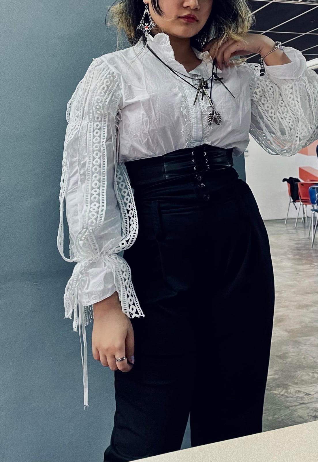 White Lace Blouse with Corset Belt White Lace Blouse with Corset Belt — Vampire Aesthetic Outfits 2027