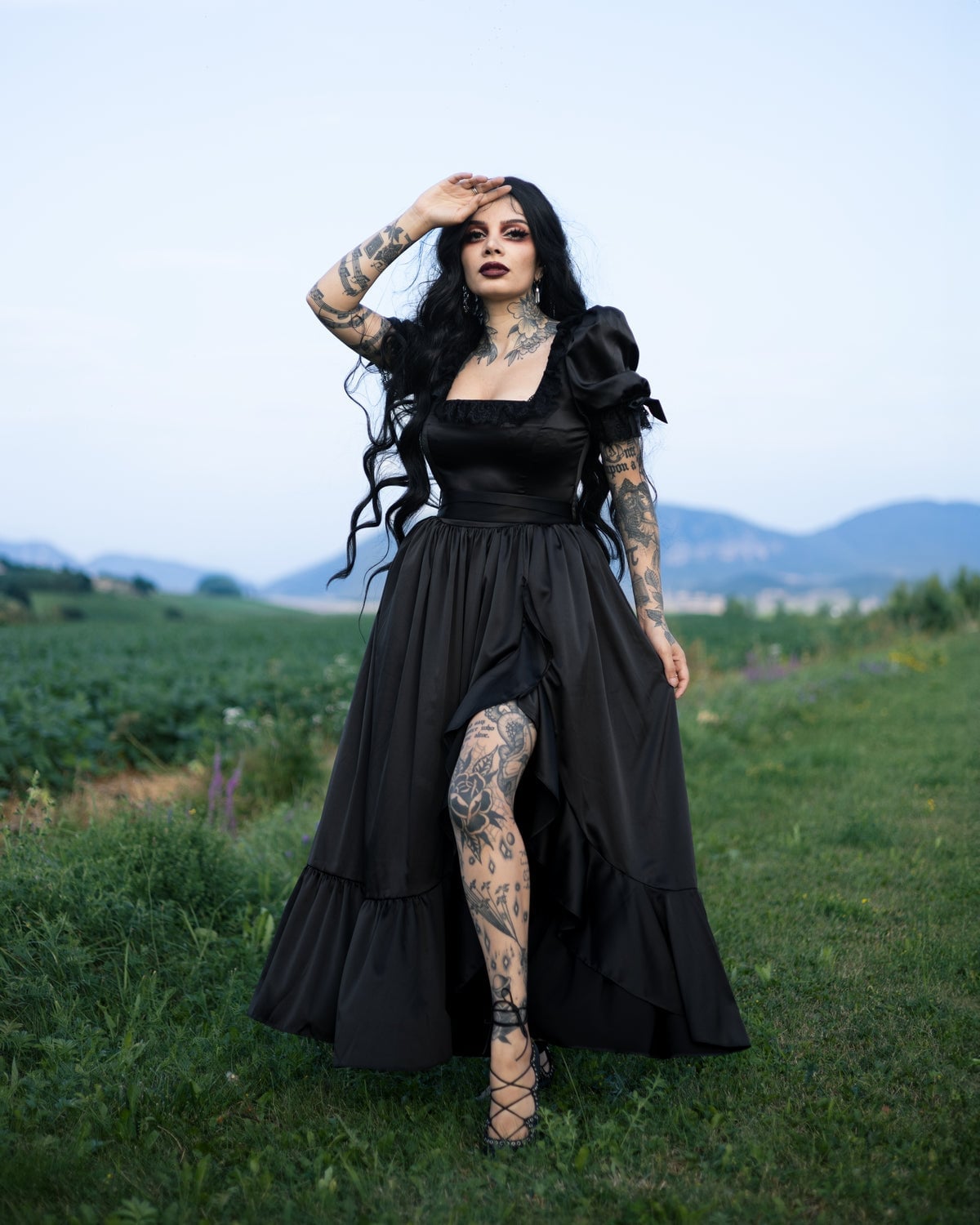 Black Satin Gown with Puffy Sleeves Black Satin Gown with Puffy Sleeves — Vampire Aesthetic Outfits 2027