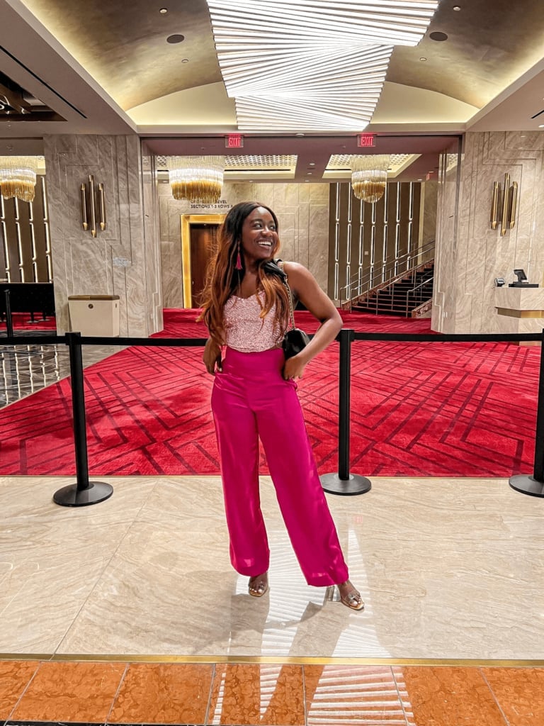 Sequined tank top with bright pink satin wide-leg trousers Sequined tank top with bright pink satin wide-leg trousers — Vegas Show Outfits 2027